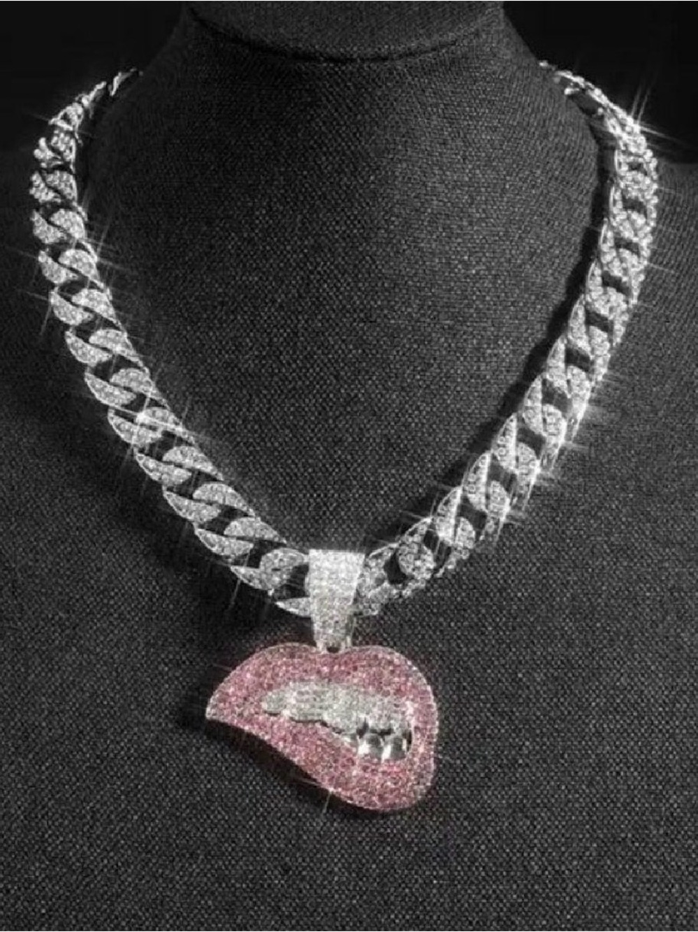 Pink Lip Pendant Cuban Chain Necklace - Women Jewelry